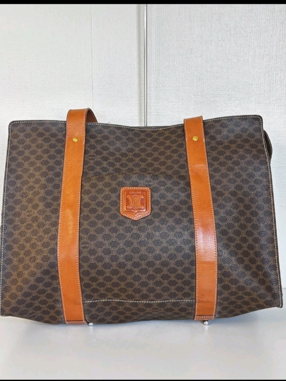Vintage Celine Brown Macadam Canvas Tote with Tan Leather Trim